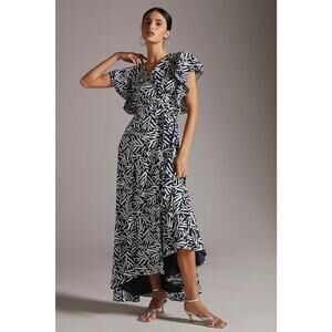 Anthropologie Hutch Ruffle Printed Wrap Maxi Dress Size XXS Blue White Flowy